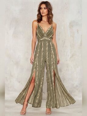Angie Olive Green Floral Slit Leg Pants Jumpsuit S Women's